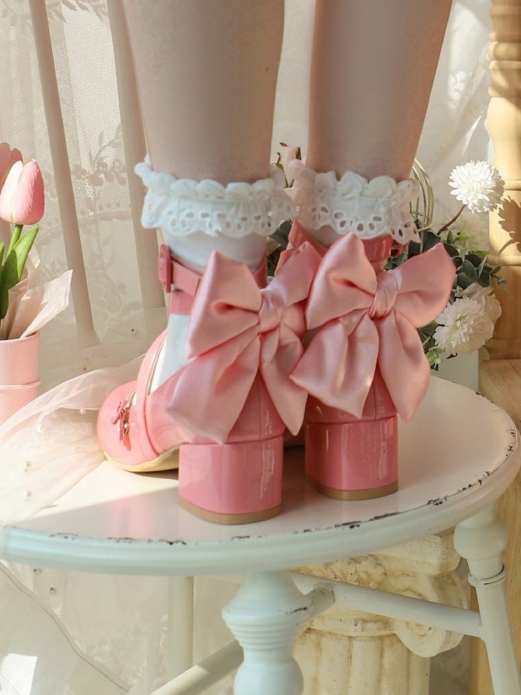 PU - Akzent Süßes Schleifendesign Tiefer Kreuz- und Mittelabsatz Lolita Pink Schuhe