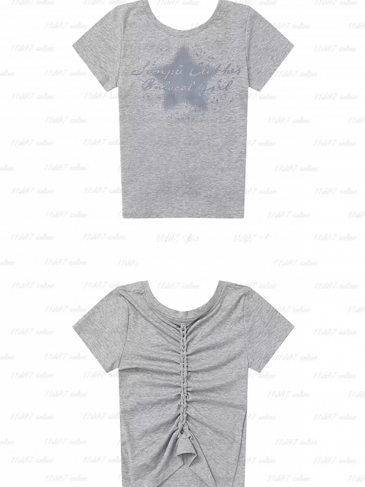 Gray Round Neck Star Print Cutout Glamorous Detail T-Shirt Back