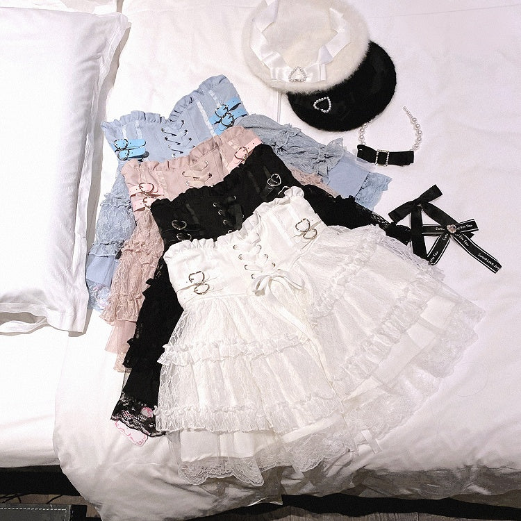 Jupe à volants en dentelle taille haute style mine terrestre avec boucles en forme de cœur bleu Jirai Kei