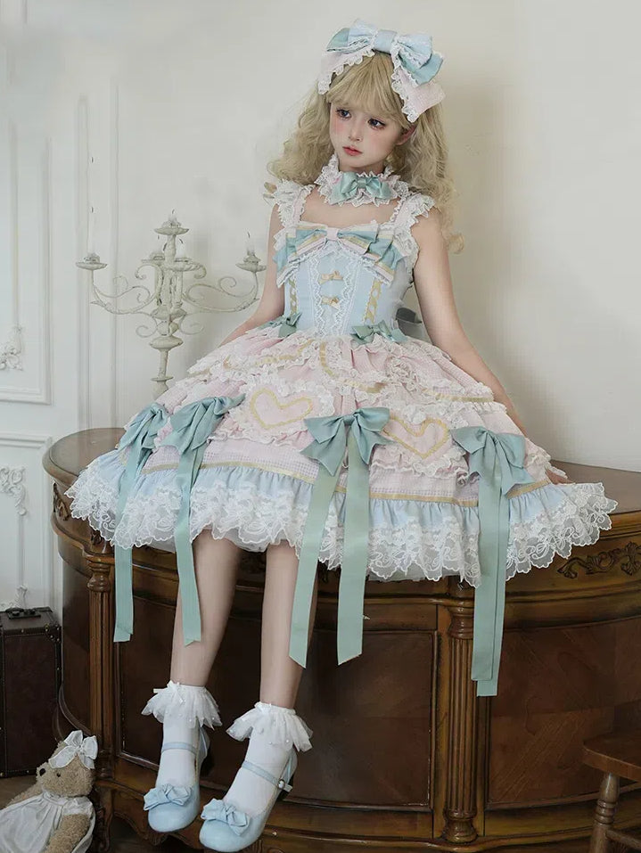 Mint Green Bows Pink and Blue Sweet Lolita Corset Dress with Choker