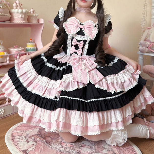 Piece and Pink Sleeves Lolita Bow One Dress Sweet Short Accents Black