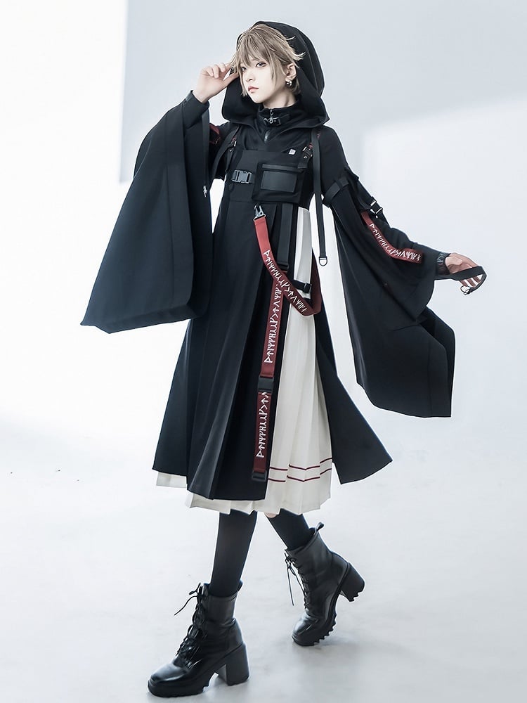 Futuristic and Dress Buckle Details White Black Techwear JSK Pleated