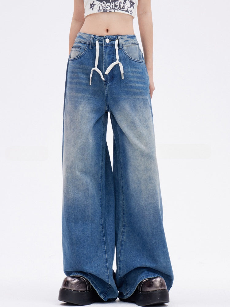 Low Vintage Wide-Leg Jeans Length Drawstring Floor Blue Waist
