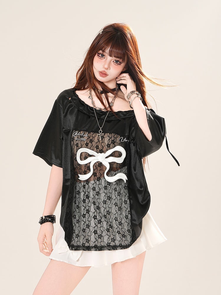 Black/White Big Off-the-shoulder T-shirt Lace Bow Patches Print Waist