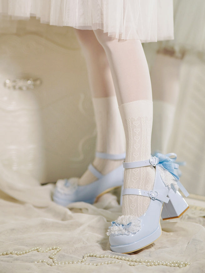 Blue Heels Top Knotted Buckles at Bow High Trim Lace Block Heart