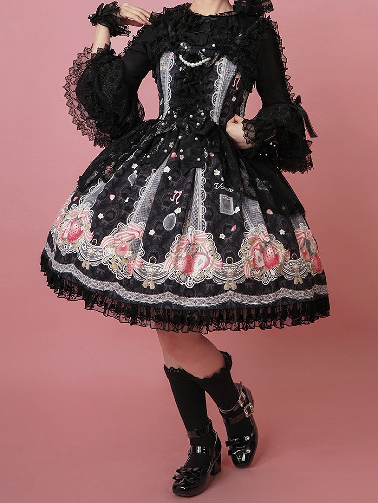 Lolita Sweet Black Strawberry Jumper Print Skirt