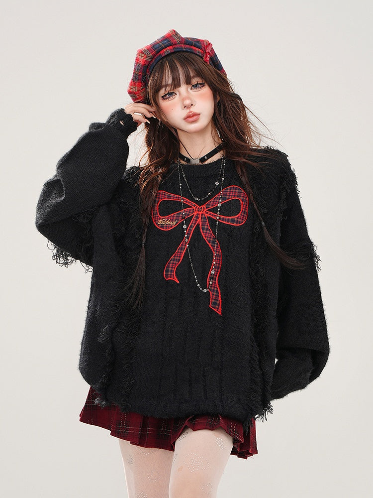 Bittersweet Kawaii Black Distressed Sweater with Red Plaid Bow Embroidery