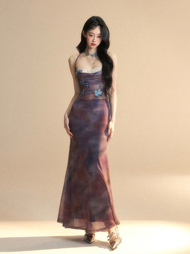 Accents Halter Purple Slip Dress Patches Butterfly Lace Neck Glamorous