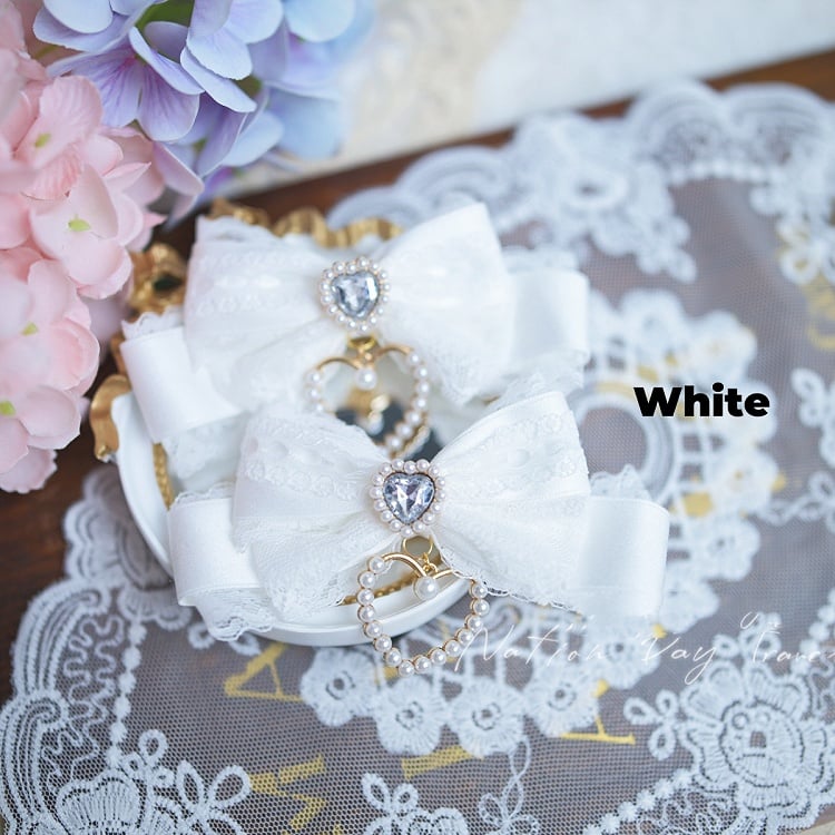 Herz Strass Jirai Kei Spitze Schleife Haarspangen Blau/SchwarzWeiß/Weiß Rosa/Hellstaubig
