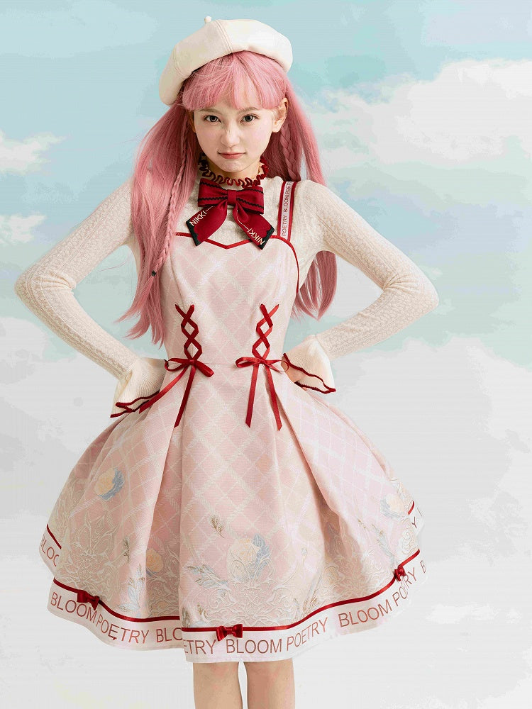 Ruffle Aprioct with Bowknot Long Top Red Sleeves Neckline