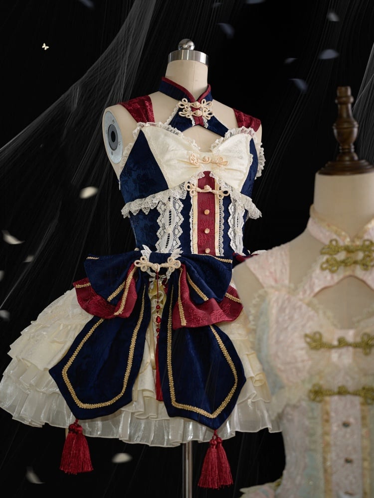 Dark Blue and Red Detachable Collar Qi Tiered Ruffles Jumper Skirt