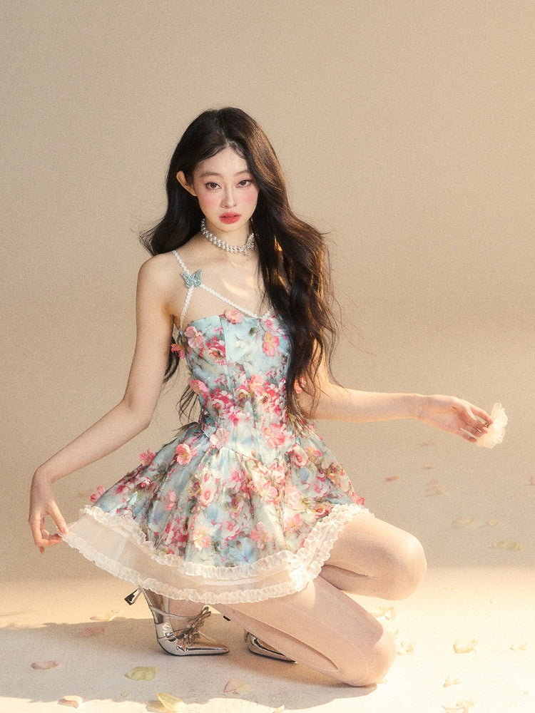 Accents Blue Oil Painting Print Floral Butterfly Slip Dress Ruffle Mini Trim and
