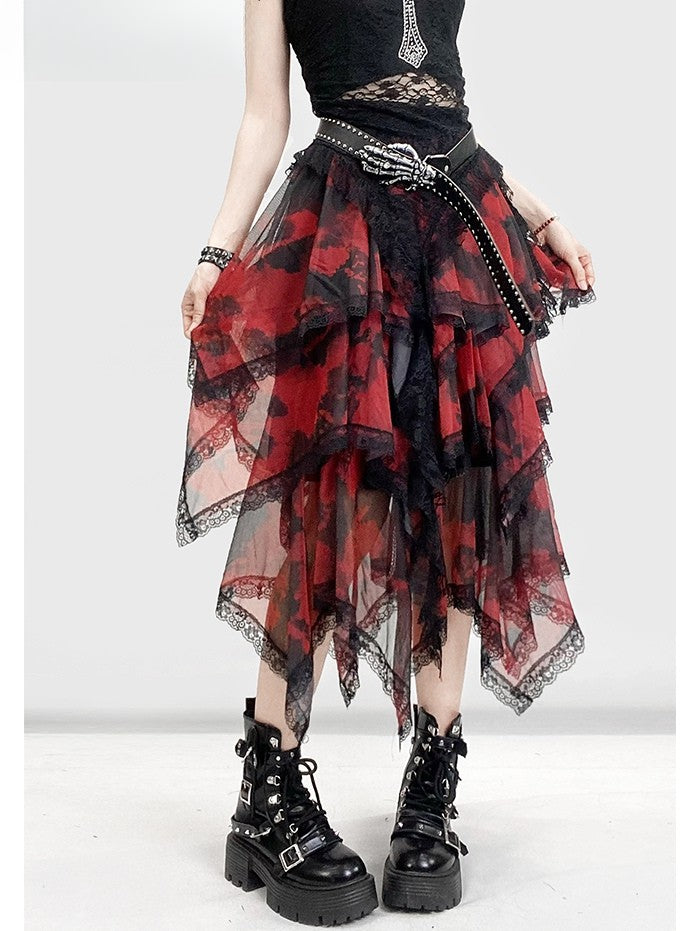 Tie Red Trim Lace Hem Y2K Skirt Handkerchief Dye Tiered