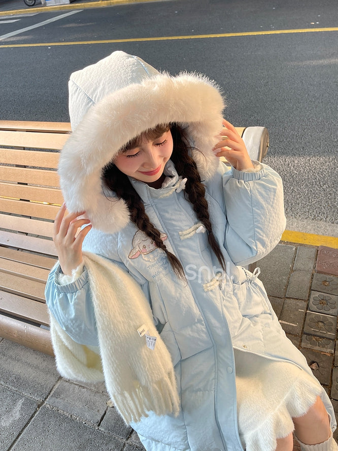 Blue Cute Lamb Applique Bowknot Details Hooded Down Coat Long Version