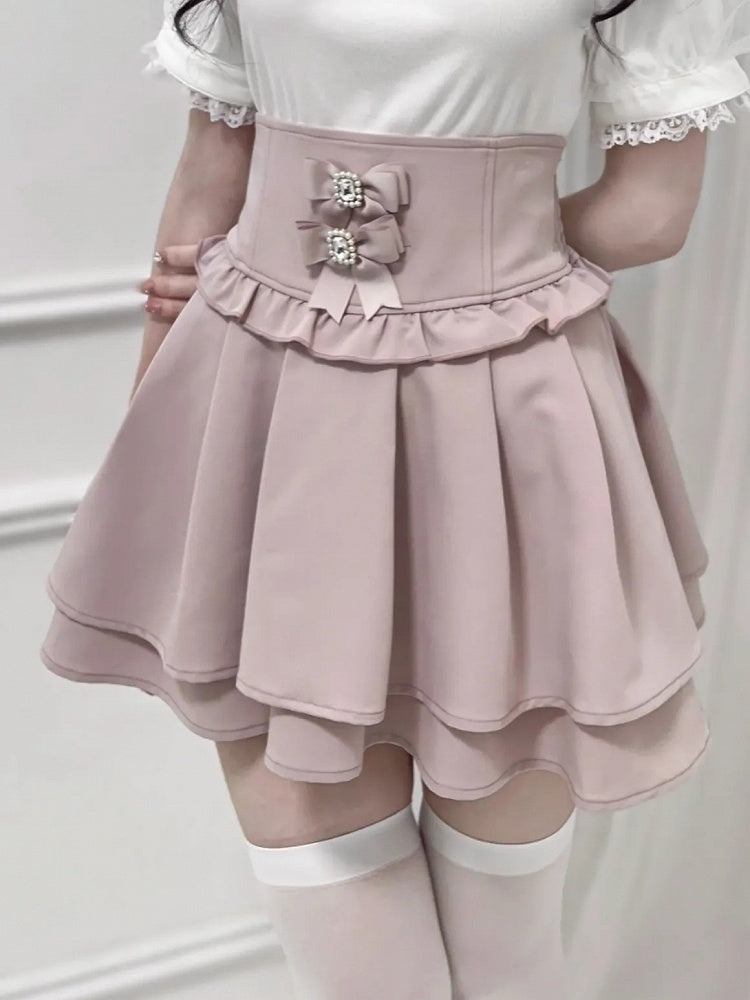 Pink Corset Waist Double-Layered Skirt with Detachable Bowknots Dusty Kei Jirai