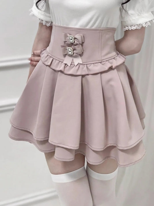 Pink Corset Waist Double-Layered Skirt with Detachable Bowknots Dusty Kei Jirai