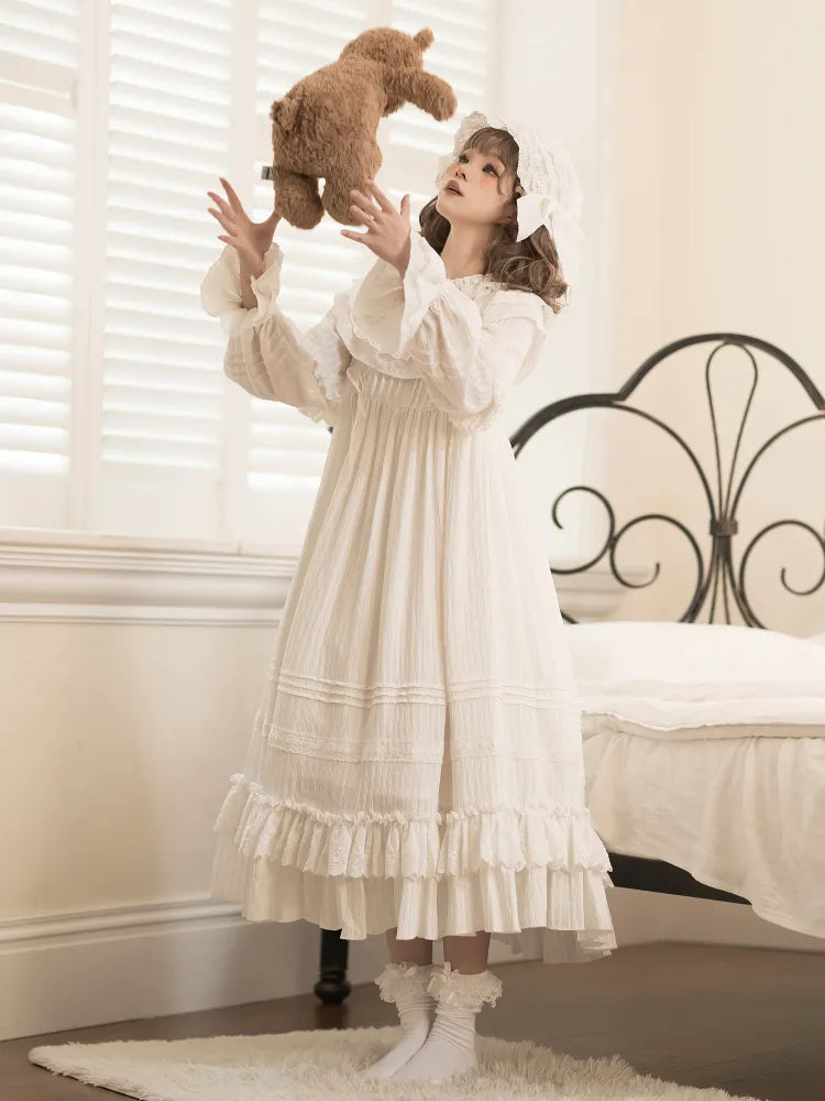 Neck All Ruffled Sleeves Long White Shiro Lolita Layered Ruffle Hemline Dress