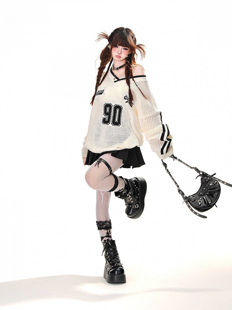 Black/White Asymmetrical Neckline Sun Protection Hollow-out Top