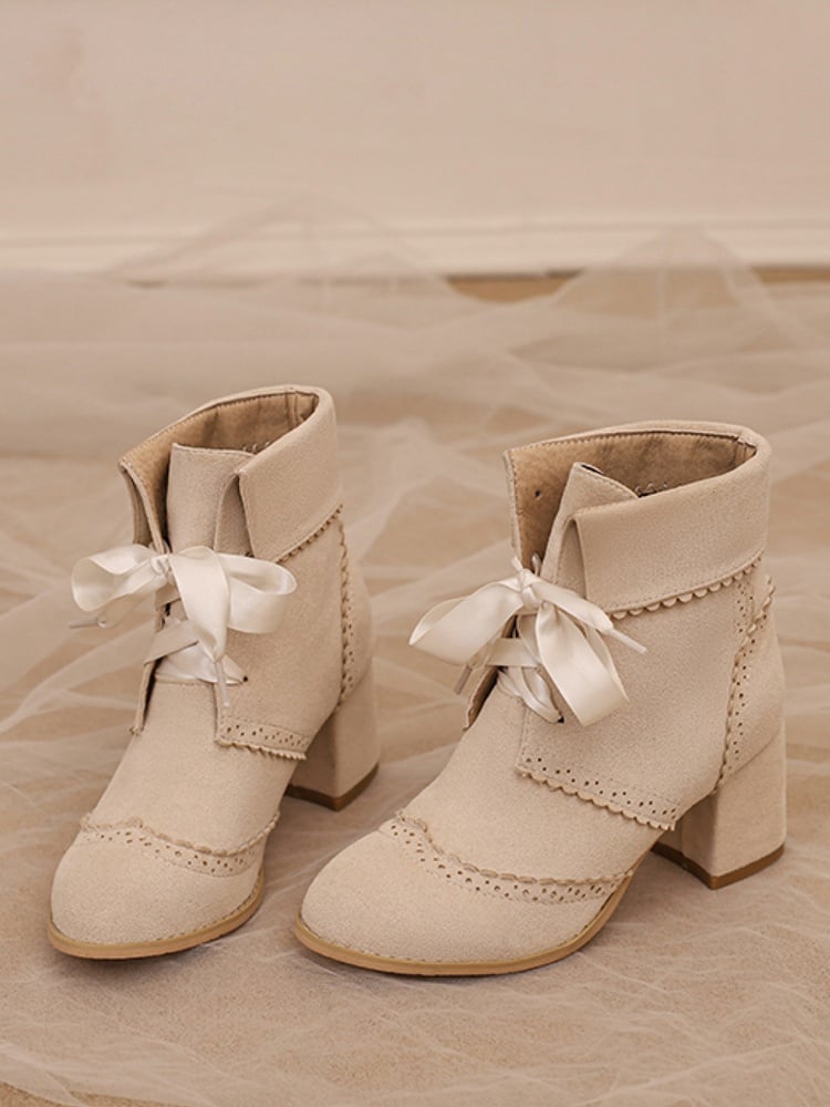 Gewellter Saum – Blockabsatz, beige, umklappbar, normale/dicke Stiefel, hohe Schaftversion mit