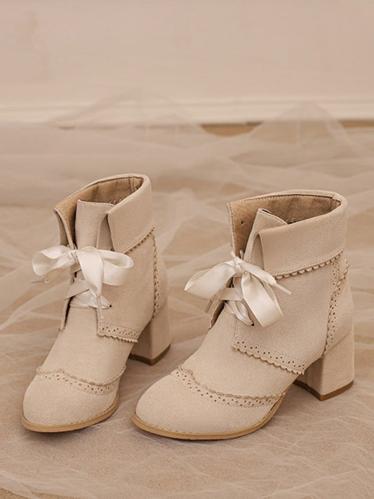 Gewellter Saum – Blockabsatz, beige, umklappbar, normale/dicke Stiefel, hohe Schaftversion mit