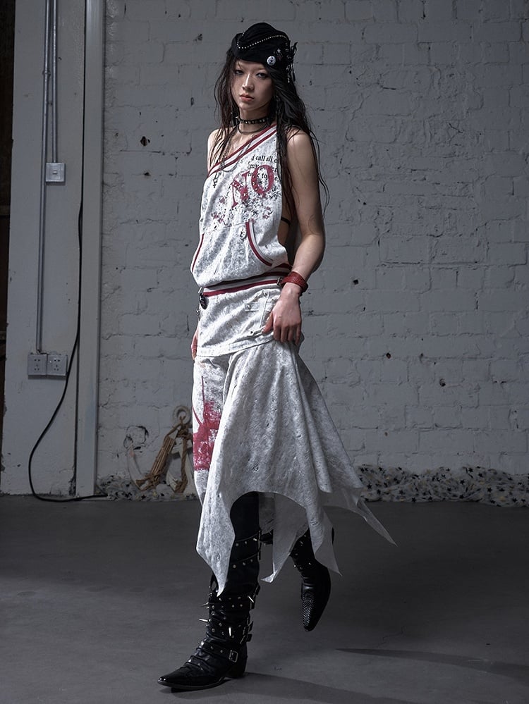 Asymmetrical Neckline Gray/White Wasteland Punk Distressed Dress