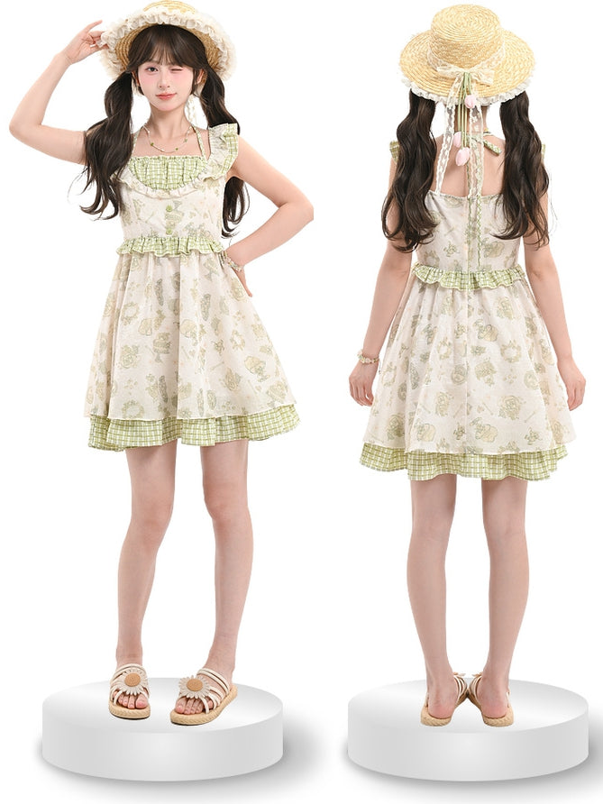 Kei Green Plaid Flutter Sleeves Halter Dress Light Cartoon Print Mori