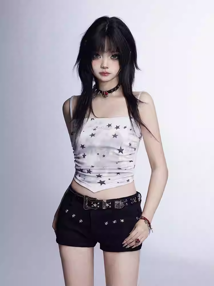 Dye Star Print Glamorous White Tie Cami Top Cropped