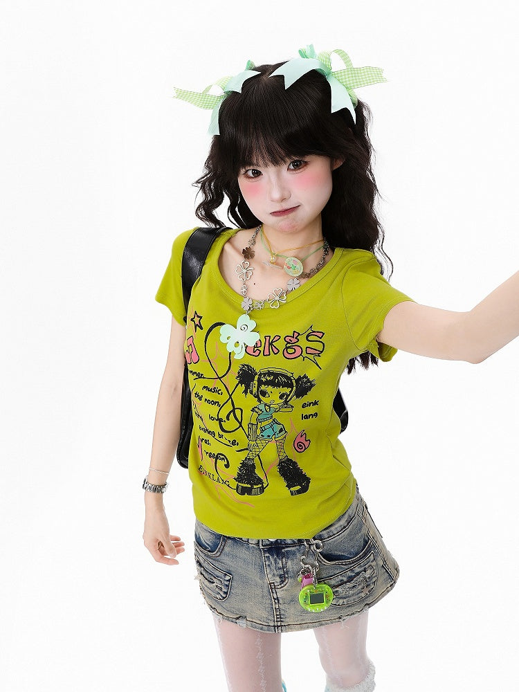 Green Fitted T-Shirt with Cartoon Girl