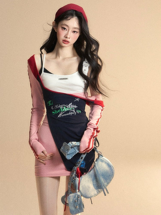 ウエストパッチワークデザインのグラマラスなピンクのドレスハイミニ