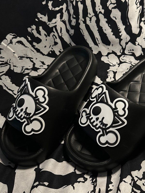 White Gothic Summer and Applique Skeleton Slippers Black