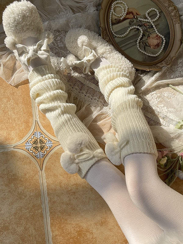 White Sweet Knitted Leg Warmers With Heart-shaped Pompons