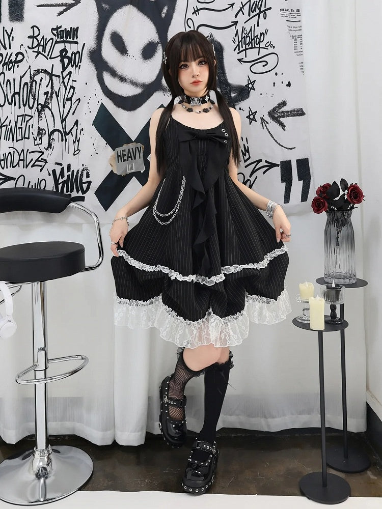 Skirt Cami Dress Big Bow Neckline Black with Striped Waist Detachable Chain Bubble