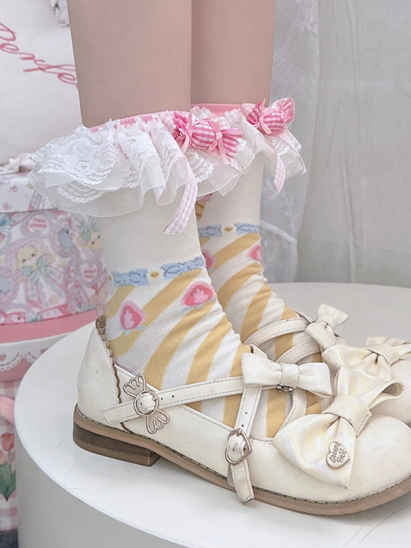 Pink&Yellow Sweet Lolita Bowknot Striped Pattern Calf Socks