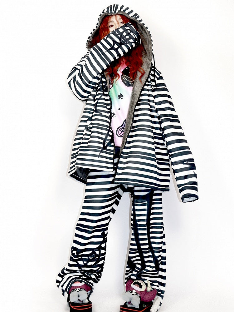 Hoodie Oversized Gyaru BlackWhite Pattern Fashion Zip Striped Closure