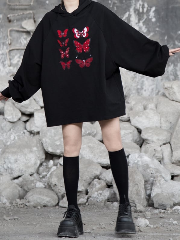 Flock Butterfly Dark Stickerei mit Loose Delicate Romance Gothic Red Hoodie Schwarz