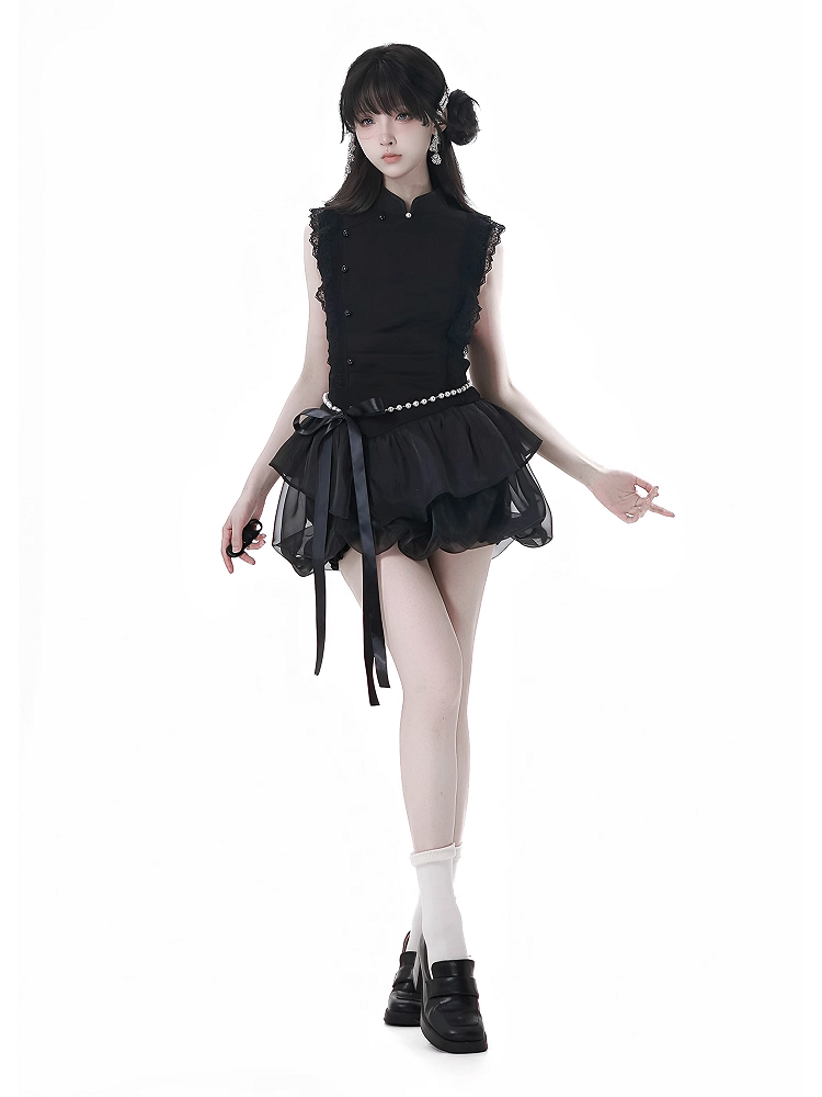 Skirt with Black Cheongsam Style Banded Collar Mini Dress Chain Waist Beaded Bubble