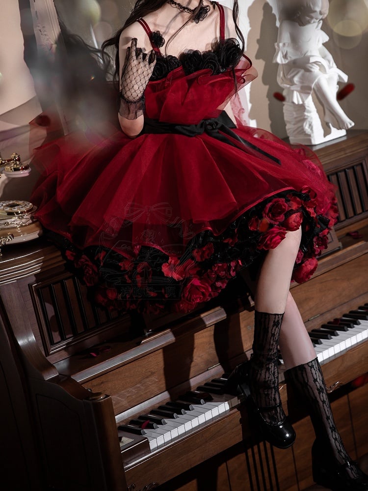Black Dress Neckline Party Jumper Birthday Straps Floral Red and Lolita Skirt Spaghetti