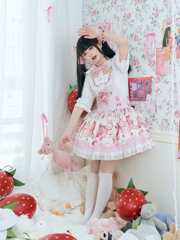 Pink Strawberry Bear Sweet Lolita Dress Cottagecore Country Jumper Skirt