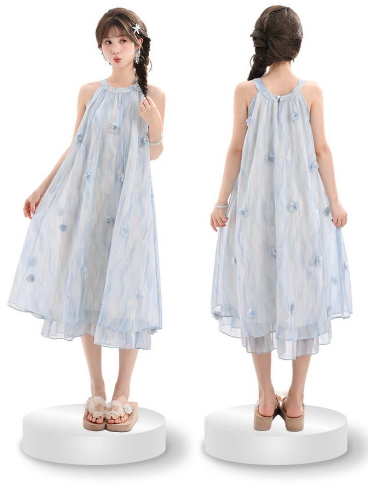 Blue Floral Accents Holiday Chiffon Halter Neck Dress Light