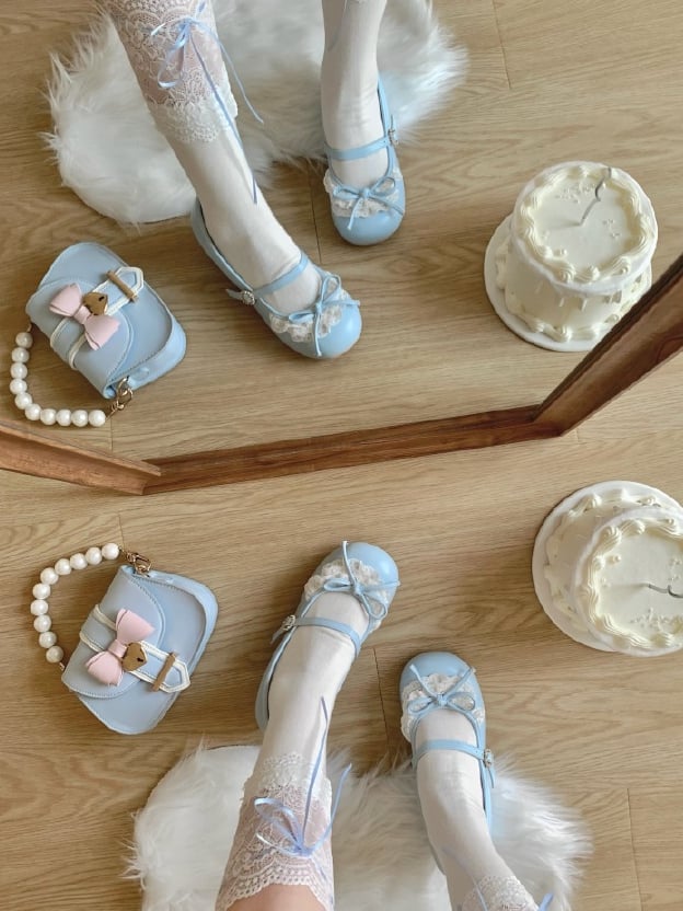 Absätze 2,2 cm/4,3 cm Janes Mary Toe Trim Blau Runde Akzent geknotete Spitze Schleife