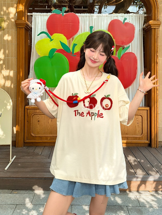 T-Shirt Apricot/Black Round Neck Apple Embroidery Loose