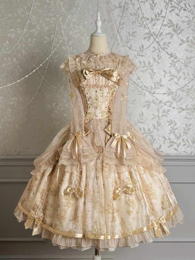 Drawstring Lolita Skirt Corset Waist Overlay Champagne Jumper