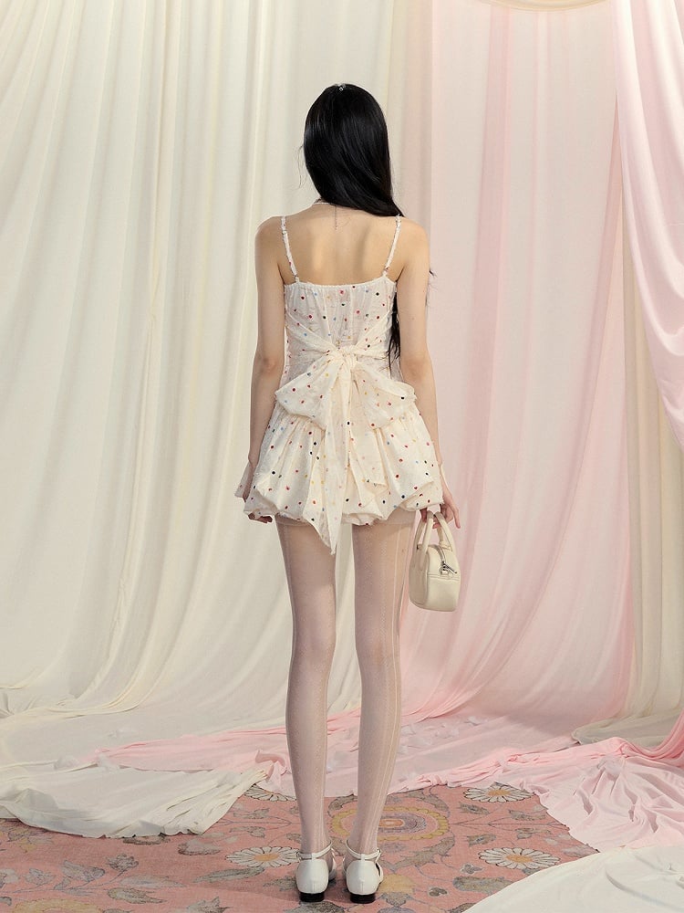 リボンバブルドット柄キャミワンピース ミニバック アプリコット セルフタイスカート
