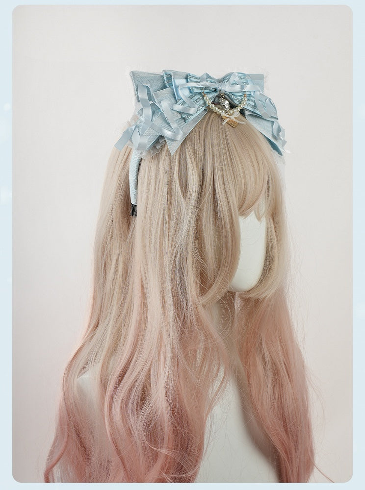 Lolita Blue Big Bow Beaded Chain and Heart Charm Lace Trim KC