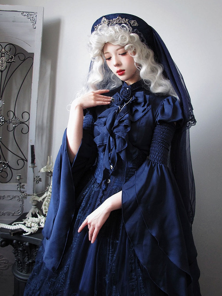 Dark Blue Puff Short Sleeves Gothic Lolita Blouse