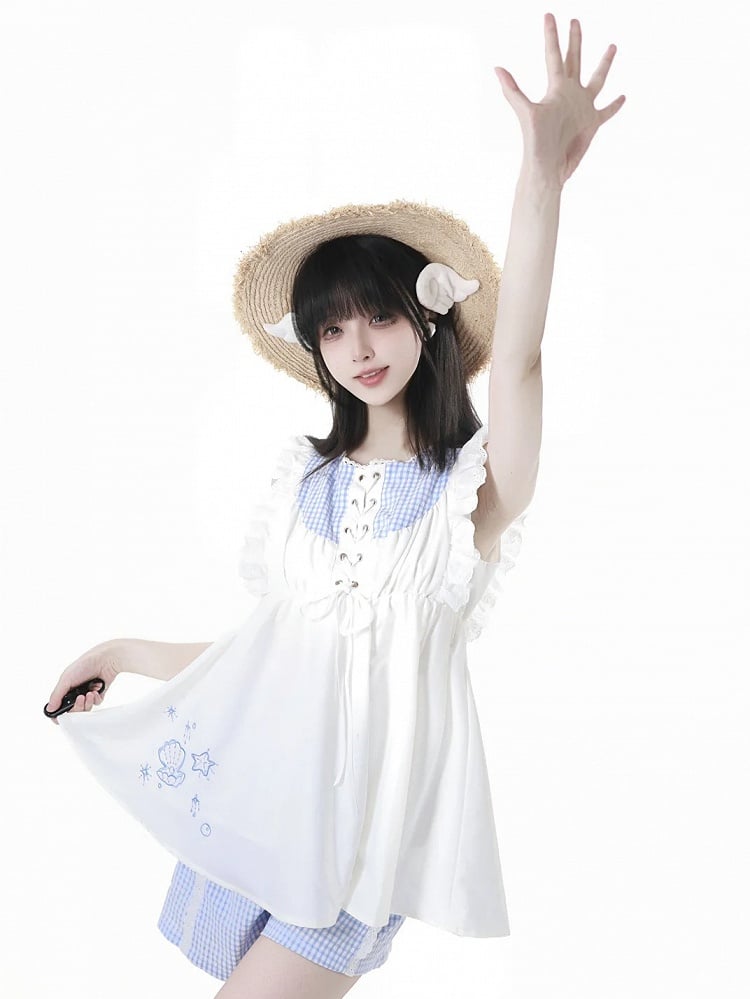 Flutter Sleeves Top and Plaid Seashell and Starfish Embroidery White Blue Front Lace-up