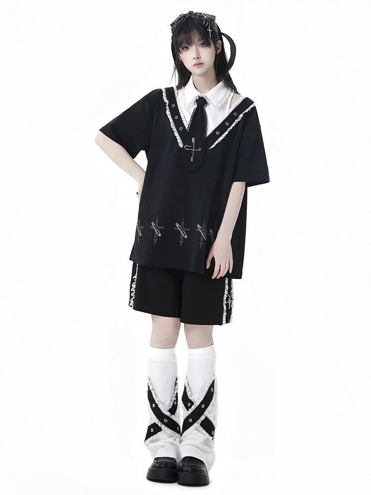 Collar Pin Cross Print T-Shirt Tie Free with Black Shirt