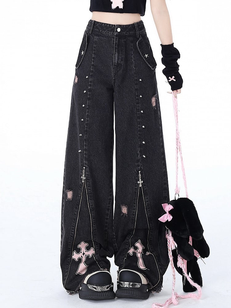 Waist Black Detail Jeans Punk Design Studs Zips High