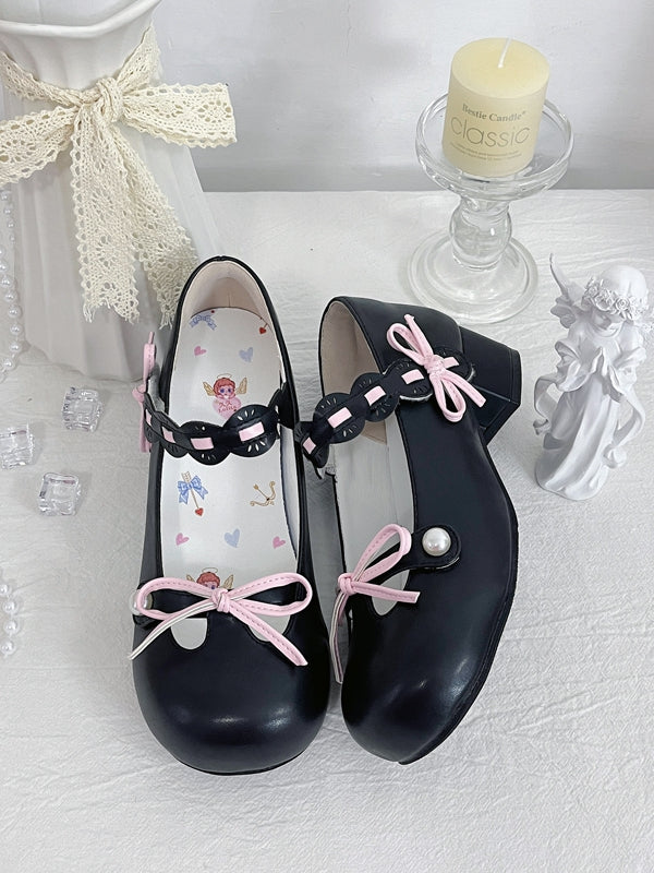 Perlenbesetzte runde Schuhe, schwarz, verzierte Spitze, geknotete Lolita-Schleife