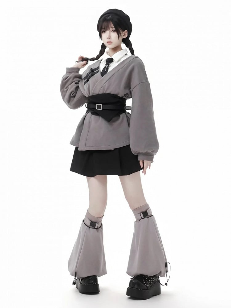 ダークグレーのノッチ付きスウェットシャツ(コルセット付き)